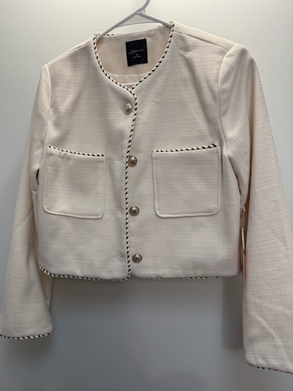 Women's Cream Tweed Crop Jacket - Elegant Tailored Coat - Picture 2 of 3